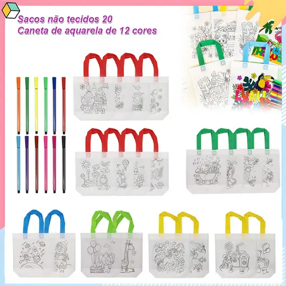 Pacote com 20 sacolas com alça para colorir animais, 22 x 24 cm, com 12 marcadores, não tecido, para lembrancinhas