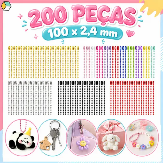 200 Correntes Metálicas de Esferas 100 x 2,4 mm, Prata, Preto, Vermelho, Dourado e Coloridas, Uso Artesanal