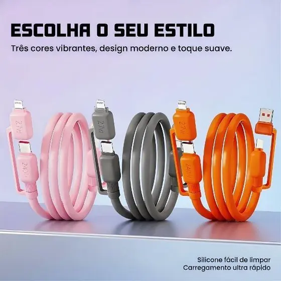 Silicone 4 em 1 cabo de dados de carga rápida 240W + 27W compatível com Interface tipo C/Apple
