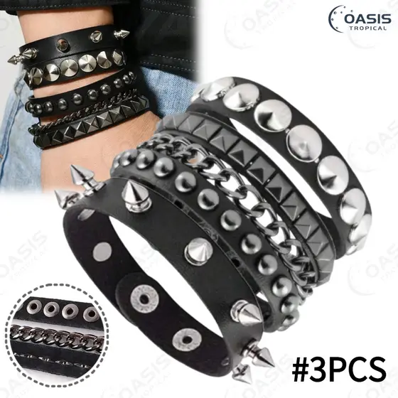Pulseira de Couro com Pontas e Prego-3Peças Layered Punk Rock - Acessório Feminino/Masculino