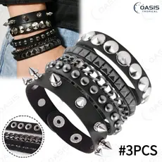 Pulseira de Couro com Pontas e Prego-3Peças Layered Punk Rock - Acessório Feminino/Masculino