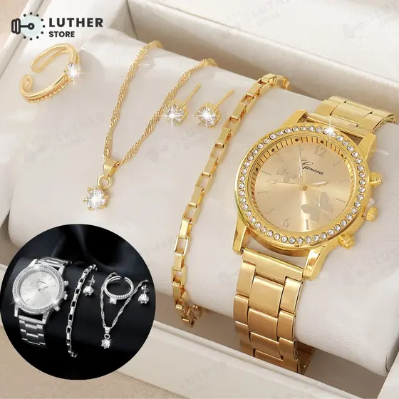 Conjunto 6 PCS Relógio Mulher Moda Quartzo Borboleta Marca De Luxo Desenho Senhoras Pulseira De Aço Inoxidável