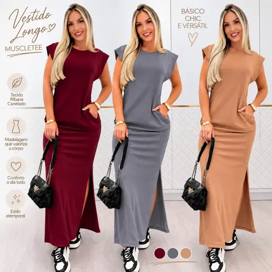 Vestido Longo Muscle Tee Feminino Em Ribana Canelado Com Fenda e Bolso Tamanho P M G Moda Casual Elegante