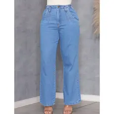 Calça Wide Leg Jeans Feminina Com Elástico Cintura Bolso