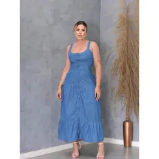 Vestido Jeans Feminino com Lastex Verão Moda Evangélica(Lavagem Média,G)