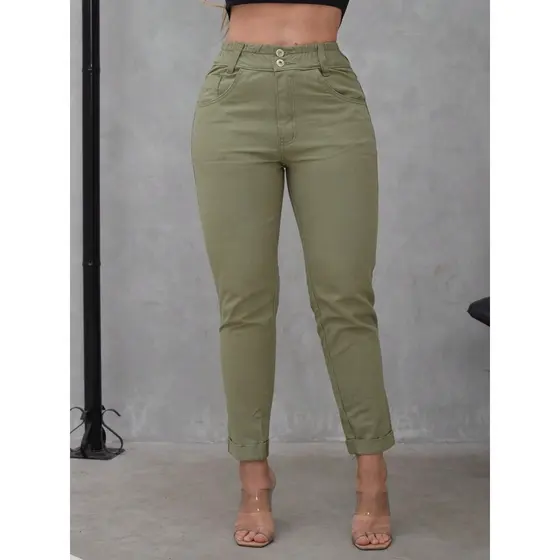 Calça Mom Jeans Com Elástico No Cós E Barra Dobrada Marmorizada Alianza Jeans