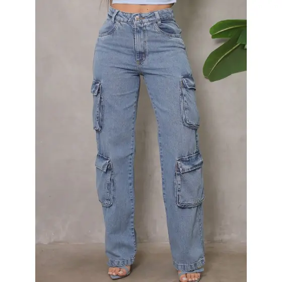 Calça Jeans Cargo Feminina Wide Leg 4 Bolsos Cintura Alta Moda Casual Despojada Lançamento