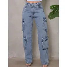 Calça Jeans Cargo Feminina Wide Leg 4 Bolsos Cintura Alta Moda Casual Despojada Lançamento