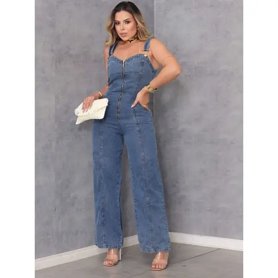 Macacão Jardineira Feminino Wide Leg Zíper Elástico