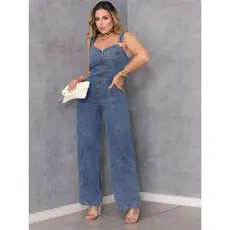 Macacão Jardineira Feminino Wide Leg Zíper Elástico