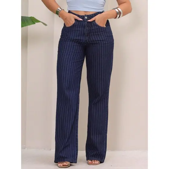 Calça Jeans Wide Leg com Barra Cintura Alta ALIANZA JEANS