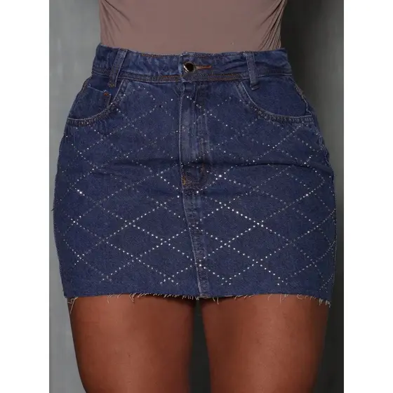 Saia Jeans Mini com Aplicação de Strass Cintura Alta Brilho