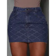 Saia Jeans Mini com Aplicação de Strass Cintura Alta Brilho