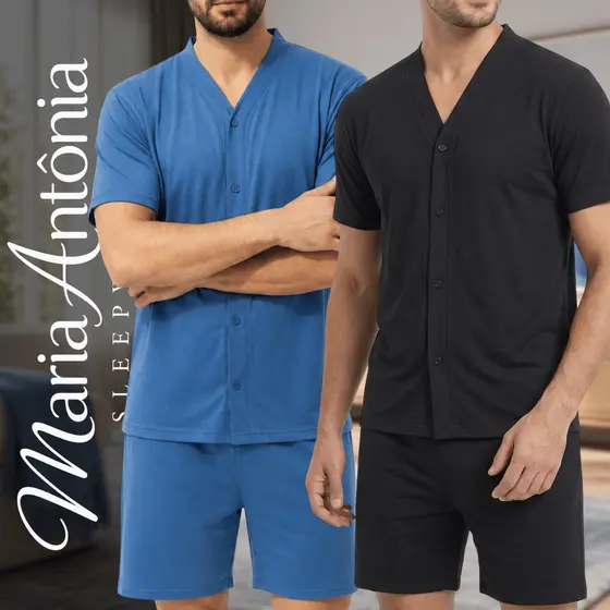 Pijama Masculino Manga Curta Adulto em Malha Premium Verão aberto com botão Pós Cirúrgico Idoso