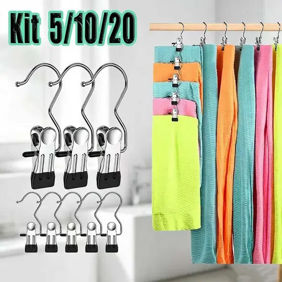 Kit 10/20 PCS Cabide Metal Com Prendedor Clip Para Pendurar Calça Armário Presilha Roupas Gancho Giratório
