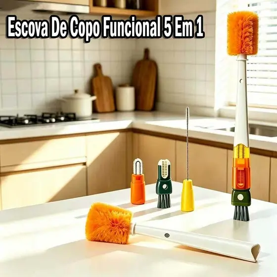 Escova Multifuncional 5 em 1 para Limpeza de Copos, Garrafas Térmicas, Squeeze, Canudos e Mamadeiras