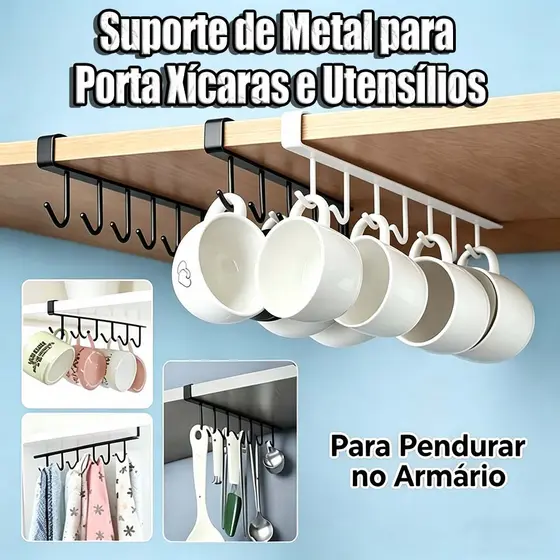 Suporte de Metal com 6 Ganchos para Pendurar Xícaras, Canecas e Utensílios no Armário