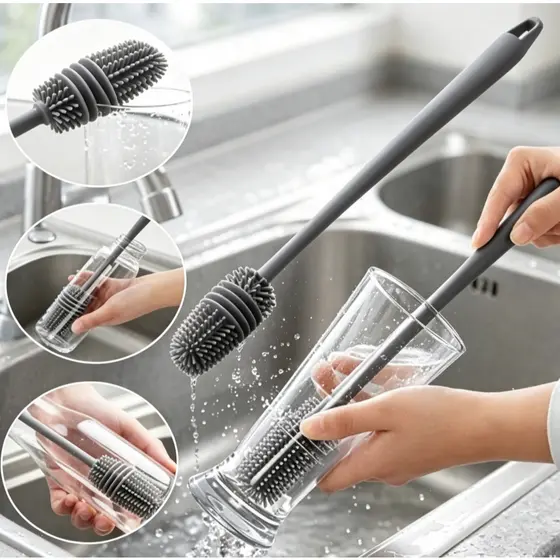 Kit Com 3 Peças Escova para Limpeza Silicone para Garrafa, Mamadeira, Copo Taça para Lavar Áreas Difíceis