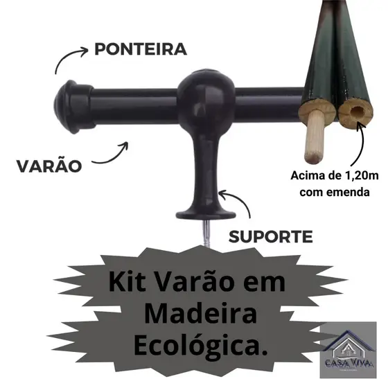 Kit Varão de Cortina 1,20 Metros 19mm Madeira P/ Quarto ou Sala Varal Completo P/ Instalação.