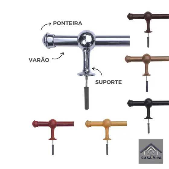 Kit varão de cortina simples com 3,00 metros 19mm Várias cores