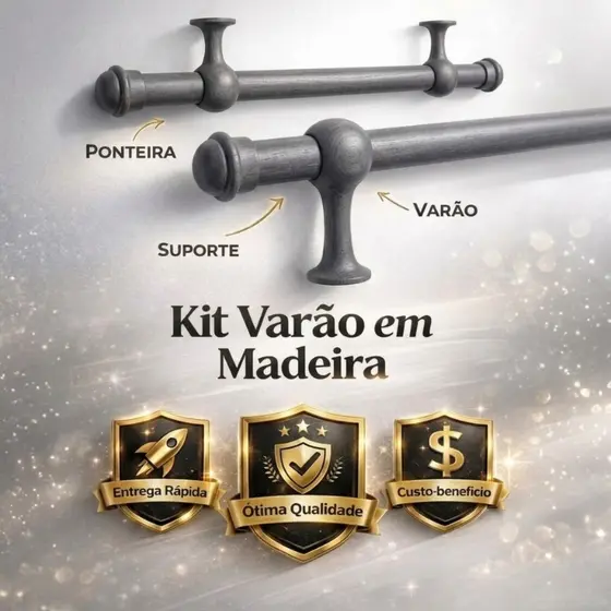 Varão Para Cortina de Madeira 2,00m x 19mm Suporte Decorativo Várias Cores Sala Quarto