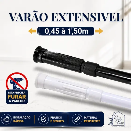 Varão Extensível De Pressão 45cm a 1,50m Sem Furar Parede Cortina Box Envio Rápido