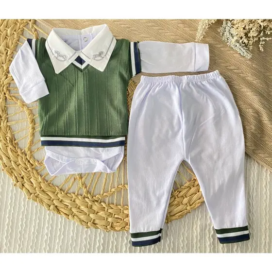 Conjunto Bebê Maternidade Body Bordado Gola Colete em Tricô Mijão Malha Macio