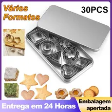 Conjunto de 30 Cortadores de Biscoitos de Aço Inoxidável Formas Variadas e Anéis para Confeitaria