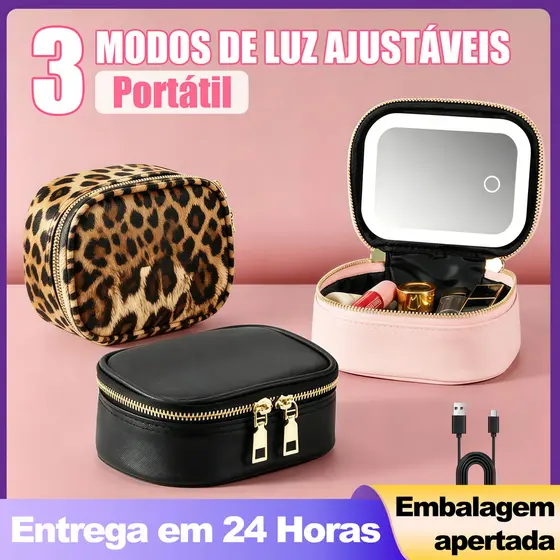 Maleta Maquiagem com Espelho Luz Led Regulável 3 Cores Bolsa Portátil Armazenamento Cosméticos Viagem