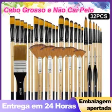 Kit 32 Pincéis Pintura Artística Cerdas Nylon Para Tela Acrílica Óleo Aquarela Estudantes Artistas