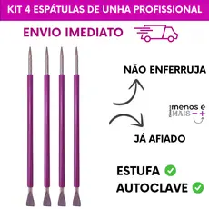 Kit 04 Espátulas Slim -  Bastão Mista Unha Inox Com Silicone Roxo Cutelaria Manicure