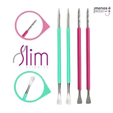 Kit 04 Espátulas Slim -  Bastão Mista Unha Inox  Com Silicone Cutelaria Manicure