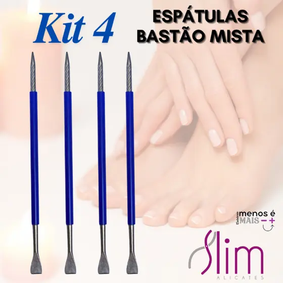 Kit 04 Espátulas Slim -  Bastão Mista Unha Inox Com Silicone AZUL Cutelaria Manicure