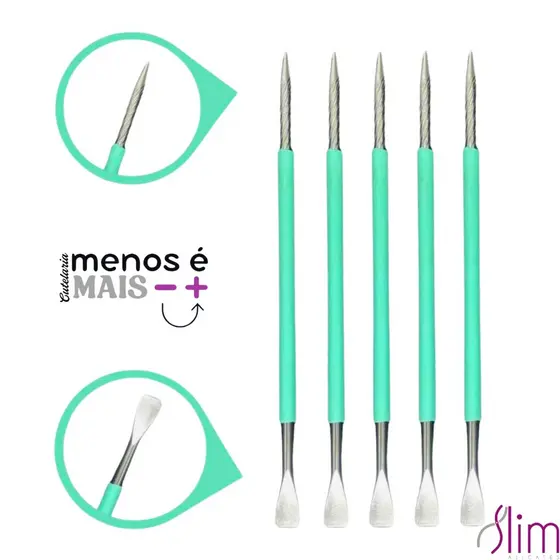 Kit 05 Espátulas Slim -  Bastão Mista Unha Inox VERDE  Cutelaria Manicure