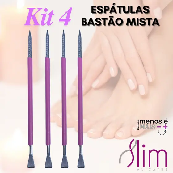 Kit 04 Espátulas Slim -  Bastão Mista Unha Inox Lilás Com Silicone Cutelaria Manicure