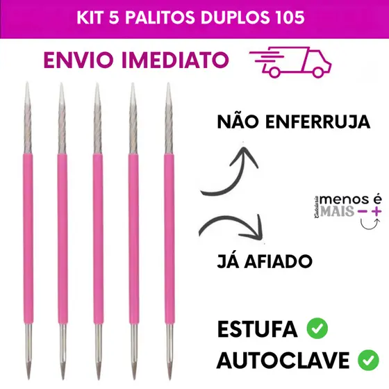 Kit 5 Palito Duplo 105 Cutícula Manicure Pedicure Cutelaria Unha rosa Silicone Esterilizável Inox Slim