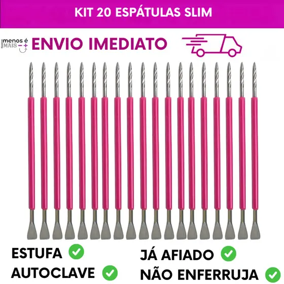 Kit 20 Espátulas Slim - Bastão Mista Unha Inox ROSA Com Silicone Cutelaria Manicure
