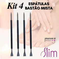 Kit 04 Espátulas Slim -  Bastão Mista Unha Inox PRETO Com Silicone  Cutelaria Manicure