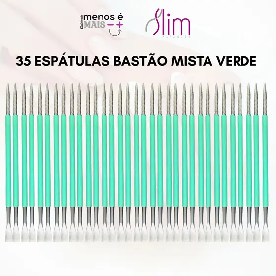 Kit 35 Espátulas Slim - Bastão Mista Unha Inox VERDE Com Silicone Cutelaria Manicure