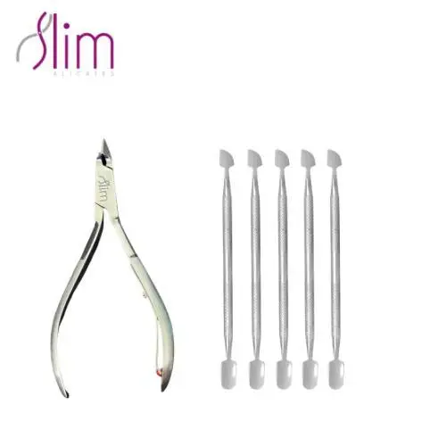 Kit 5 Espátula Dupla Empurrador Inox + 1 Alicate Profissional Manicure e Pedicuro Slim