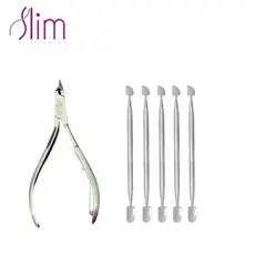 Kit 5 Espátula Dupla Empurrador Inox + 1 Alicate Profissional Manicure e Pedicuro Slim