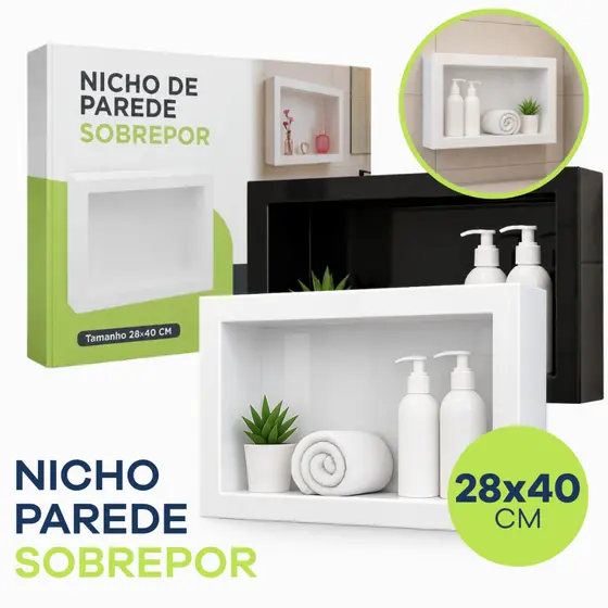 Nicho de Parede Sobrepor 28x40cm Banheiro Porta Shampoo Sem Obra Quarto Sala Multiuso Branco