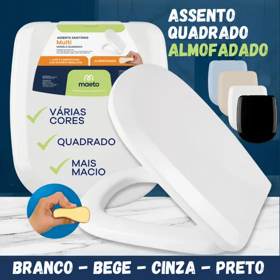 Assento Sanitário Almofadado Quadrado Tampa de Vaso Tabua Universal Preto Bege Branco Cinza Preto