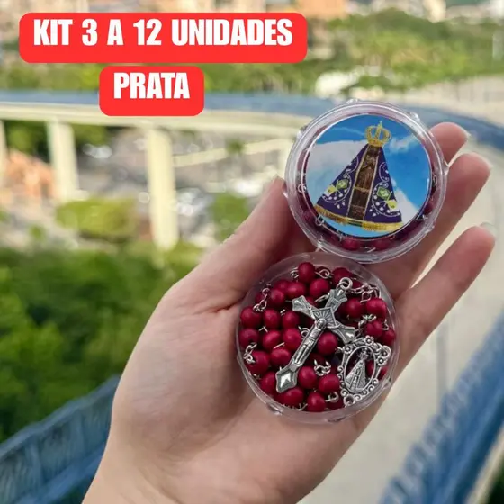 Kit 3/6/12 Terços Católicos Perfumados de Rosas com Medalha de Aparecida Prata