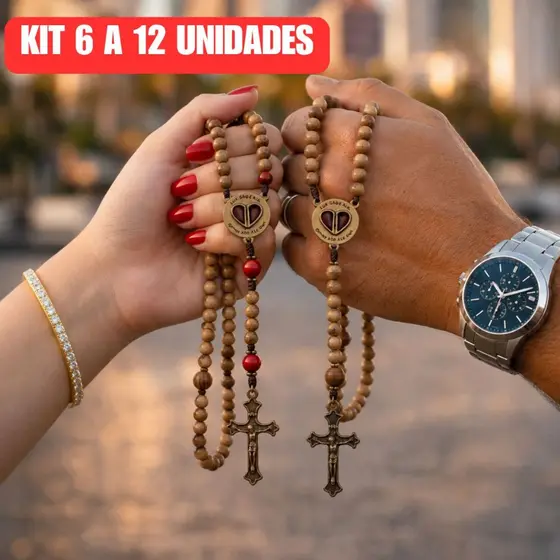Kit 10 a 12 Terço Católico do Casal Em Madeira Com Medalha em Metal “POR ONDE FOR QUERO SER SEU PAR”
