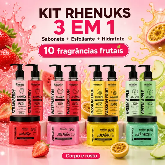 Kit Sabonete + Esfoliante + Hidratante Rhenuks - Corpo e Rosto - Pele Macia, Renovada e Cheirosa