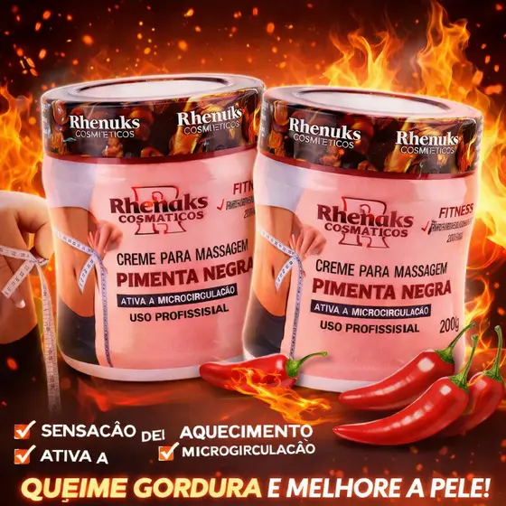 Kit Gel Pimenta Negra Rhenuks 200g Massagem Ativa Microcirculação e Reduz Medidas Kit 2 3 4 5 6 12