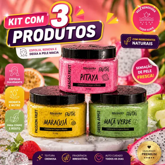 Kit 3 Esfoliante Rosto e Corpo 300g Diversas Fragrancias Pele Macia e Cheirosa