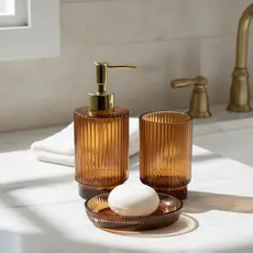 Kit Banheiro Lavabo Lumin 3 Peças Vidro Âmbar Canelado Detalhe Dourado