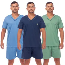 Kit 3 Pijamas Masculino Liso Short Curto Manga Curta Confortável Promoção